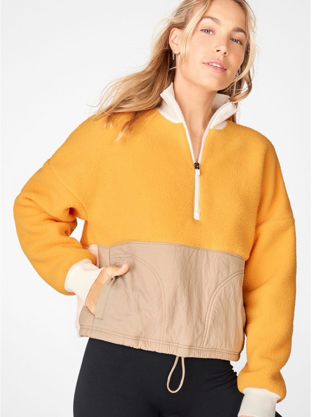 Fabletics Yellow and Beige Teddy Half-Zip Jacket